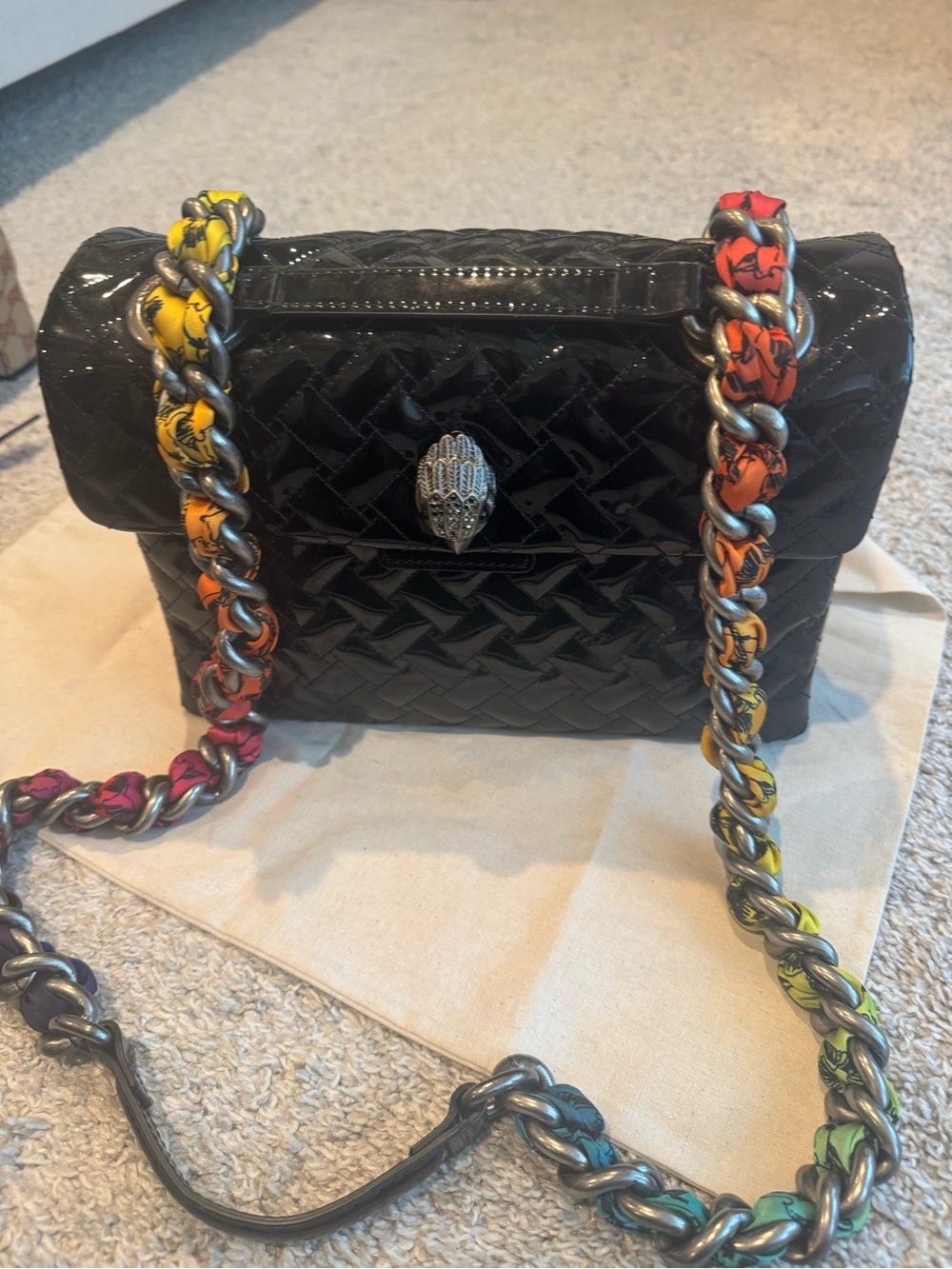 Kurt Geiger Black Quilted Patent Shoulder Bag with Multicolor Chain